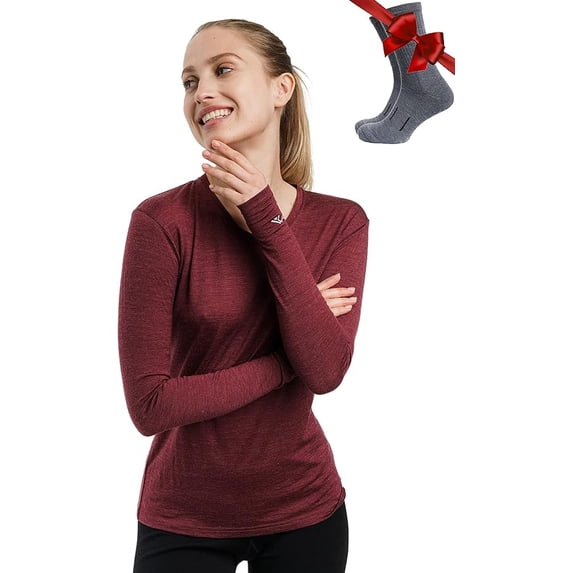 𝗕𝗥𝗘𝗔𝗧𝗛𝗔𝗕𝗟𝗘 Merino.tech Women’s Lightweight Merino Wool Long Sleeve Base Layer Top with Hiking Socks