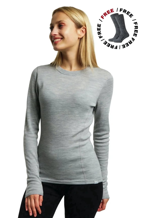 Merino.tech Women’s 100% Merino Wool Base Layer Top - Midweight 250 g/m² Long Sleeve Thermal Shirt with Bonus Hiking Socks Inclided