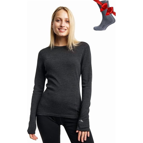 Merino.tech Women's Midweight Merino Wool Long Sleeve Base Layer with Socks, Charcoal Gray, Size 2XL