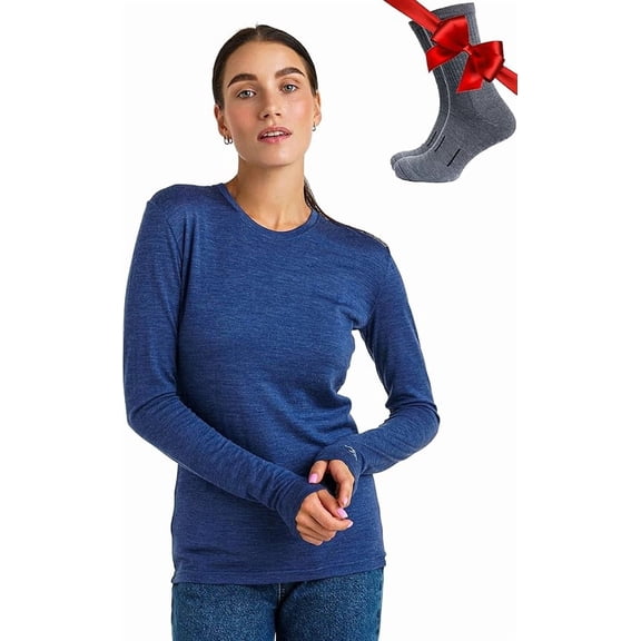 Merino.tech Women's Lightweight Merino Wool Long Sleeve Base Layer with Socks, Windsor Blue, Size M