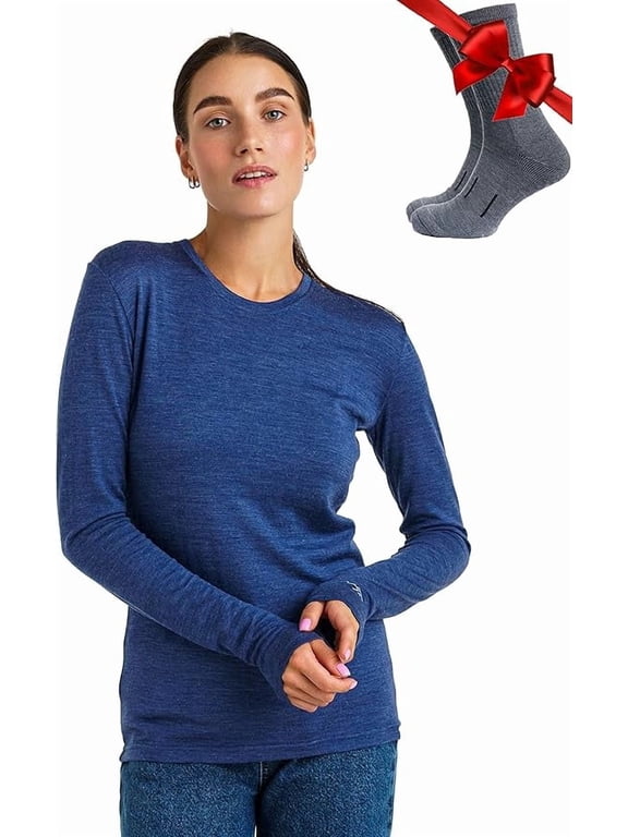 Merino.tech Women's Lightweight Merino Wool Long Sleeve Base Layer with Socks, Windsor Blue, Size M