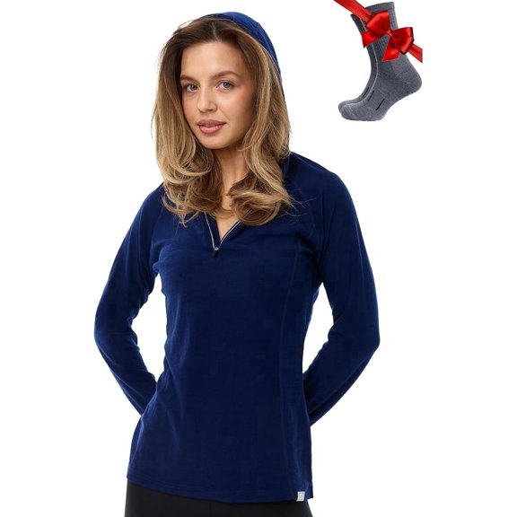 𝗕𝗥𝗘𝗔𝗧𝗛𝗔𝗕𝗟𝗘 Merino.tech Women’s Merino Wool Half Zip Hoodie - Thermal Base Layer Top, Long Sleeve Shirt with Included Hiking Socks