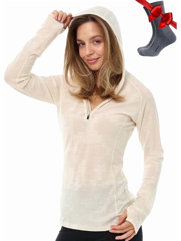 Merino.tech Women's Merino Wool Quarter Zip Hoodie with Socks, Off White, Size XS