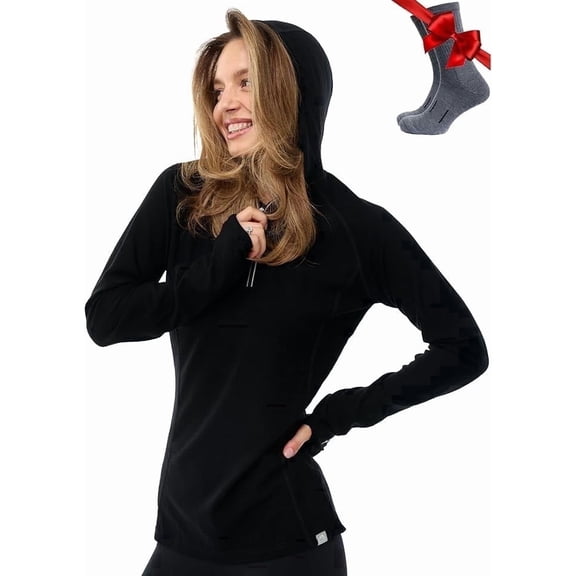 Merino.tech Women's Merino Wool Quarter Zip Hoodie with Socks, Black, Size XL