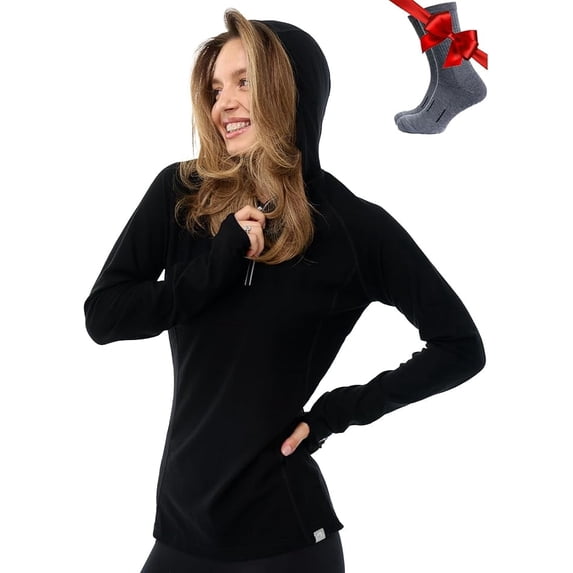 ๐๐ฅ๐๐๐ง๐๐๐๐๐ Merino.tech Womenโs Merino Wool Half Zip Hoodie - Thermal Base Layer Top, Long Sleeve Shirt with Included Hiking Socks