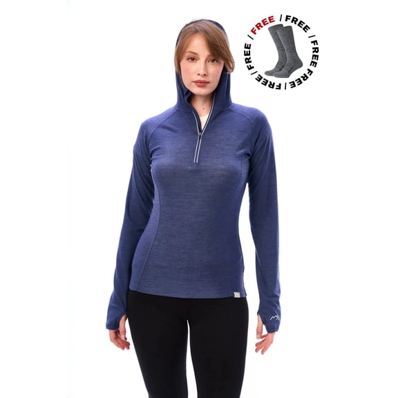 Merino.tech Merino Wool Hoodie Women - Slim Fit 100% Merino Wool Base Layer Women Half Zip Thermal Long Sleeve Shirt & Socks