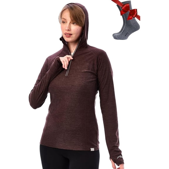 Merino.tech Women’s 100% Merino Wool Half Zip Hoodie 𝗦𝗹𝗶𝗺Fit Base Layer Includes Hiking Socks