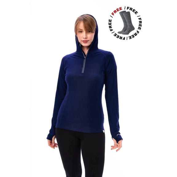 Merino.tech Merino Wool Hoodie Women - Slim Fit 100% Merino Wool Base Layer Women Half Zip Thermal Long Sleeve Shirt & Socks