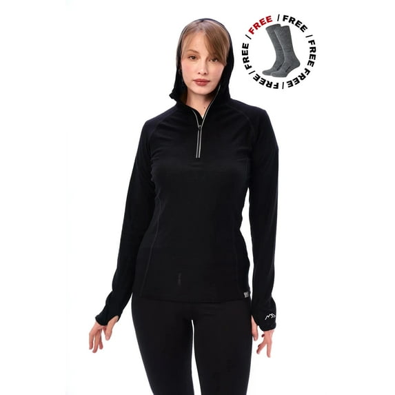 Merino.tech Merino Wool Hoodie Women - Slim Fit 100% Merino Wool Base Layer Women Half Zip Thermal Long Sleeve Shirt & Socks