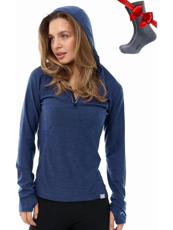 Merino.tech Women's Merino Wool Quarter Zip Hoodie with Socks, Windsor Blue, Size 2XL