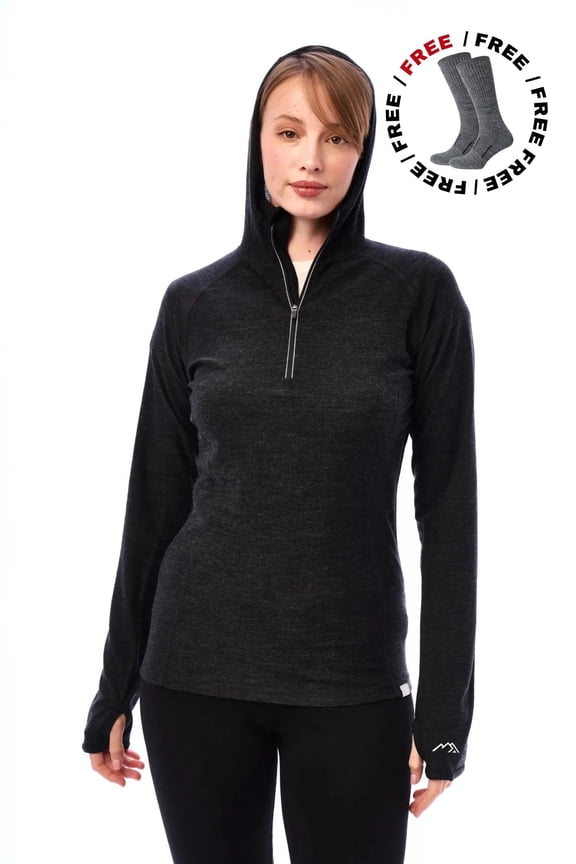 Merino.tech Merino Wool Hoodie Women - Slim Fit 100% Merino Wool Base Layer Women Half Zip Thermal Long Sleeve Shirt & Socks