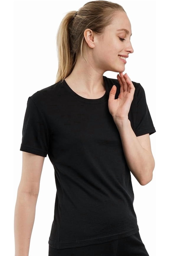 Merino.tech Women's Merino Wool Crew Neck Short Sleeve T-Shirt, Solid Black, Size 2XL