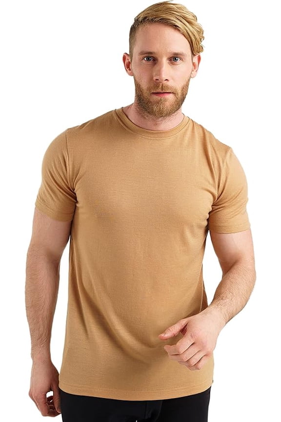 Merino.tech Men's Short Sleeve T-Shirt - 𝗟𝗶𝗴𝗵𝘁𝘄𝗲𝗶𝗴𝗵𝘁 Merino Wool Tee, Camel - L