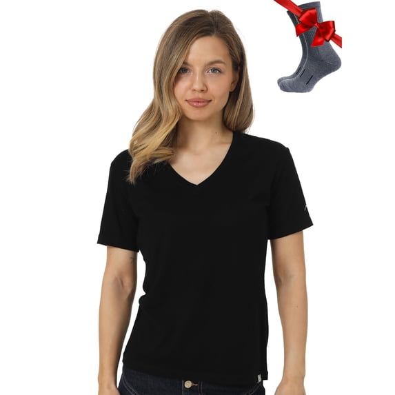 Merino.tech Merino Wool T Shirt Women - 100% Merino Wool Base Layer Women Short Sleeve Moisture-Wicking Tee and Hiking Socks Large, Black V-Neck