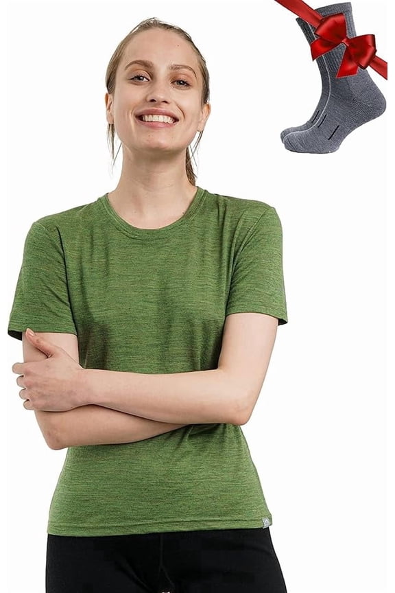 Merino.tech Women's Merino Wool Crew Neck T-Shirt with Socks, Green Olive, Size L