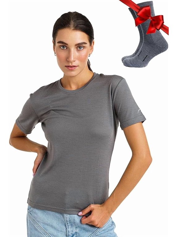 Merino.tech Women's Merino Wool Crew Neck T-Shirt with Socks, Perfect Gray, Size L