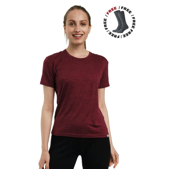 Merino.tech Women’s 100% Merino Wool T-Shirt - Lightweight Short Sleeve Base Layer Tee, Bonus Hiking Socks Included