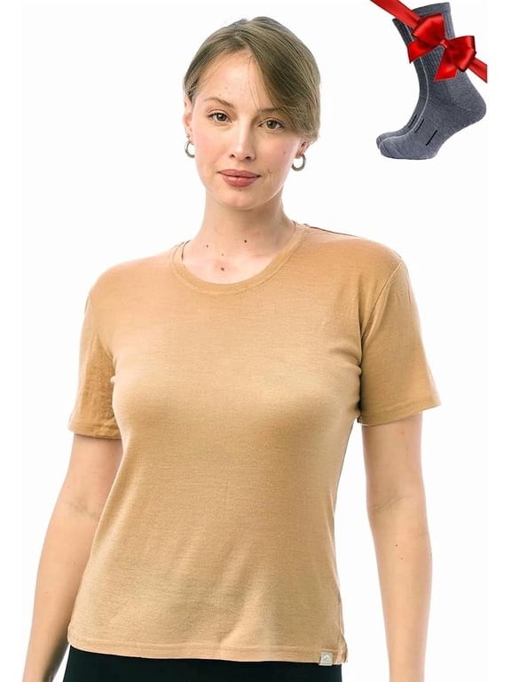 Merino.tech Women's Merino Wool Crew Neck T-Shirt with Socks, Camel, Size L