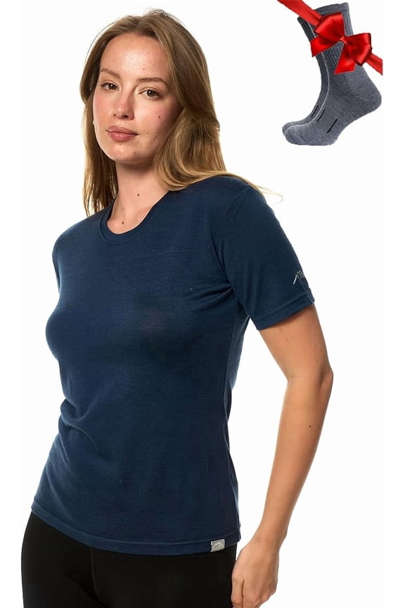 Merino.tech Women's Merino Wool Crew Neck T-Shirt with Socks, Navy, Size 2XL
