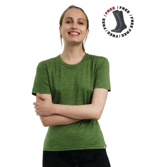 ππ₯πππ§πππππ Womenβs Merino Wool Short Sleeve T-Shirt with Included Hiking Socks - Merino.tech