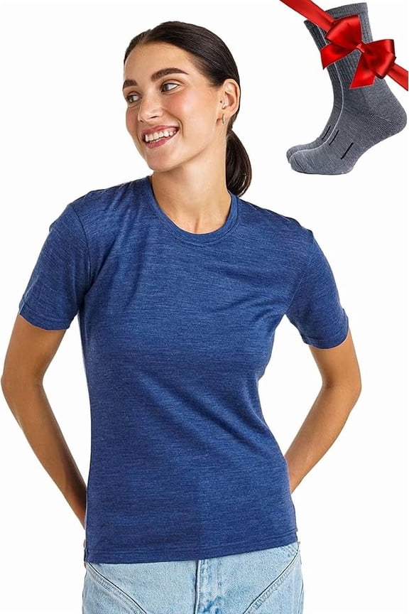 Merino.tech Women's Merino Wool Crew Neck T-Shirt with Socks, Windsor Blue, Size XL