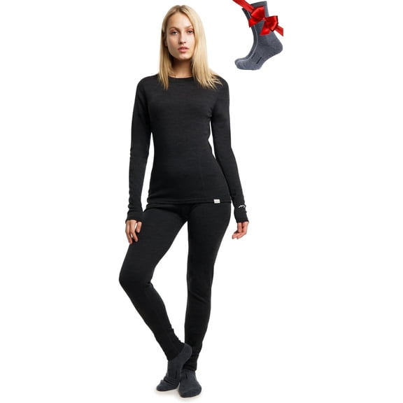 Merino.tech Women's Midweight Merino Wool Base Layer Set with Socks, Charcoal Gray, Size XL