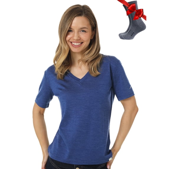 Merino.tech Women's Short Sleeve T-Shirt - Merino Wool Tee with Merino Sox Included, Navy - S