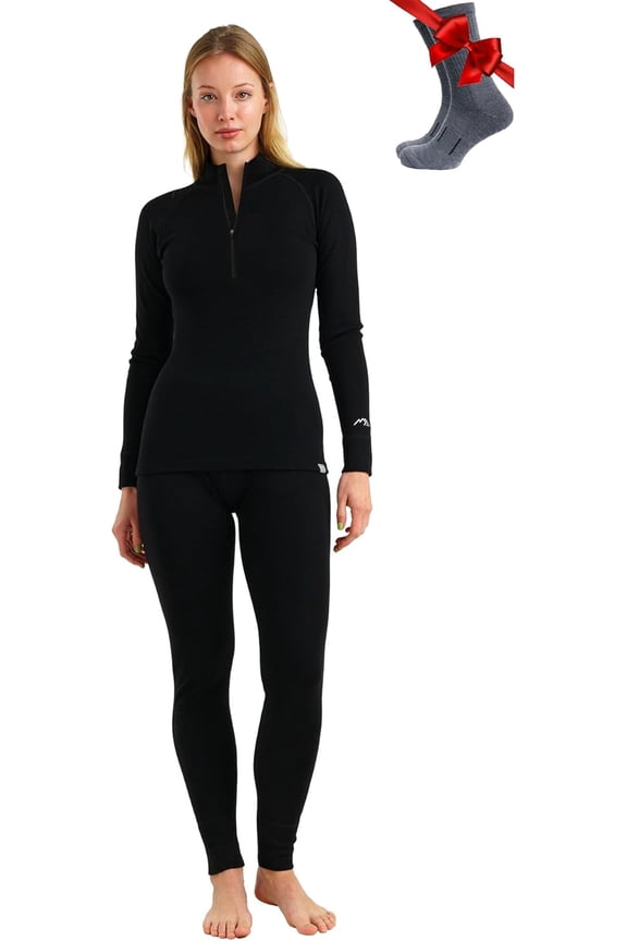 Merino.tech Womenโs Base Layer Set - ๐ง๐ต๐ฒ๐ฟ๐บ๐ฎ๐น Merino Wool Zip-up Top & Bottom with Merino Sox Included, Black - L