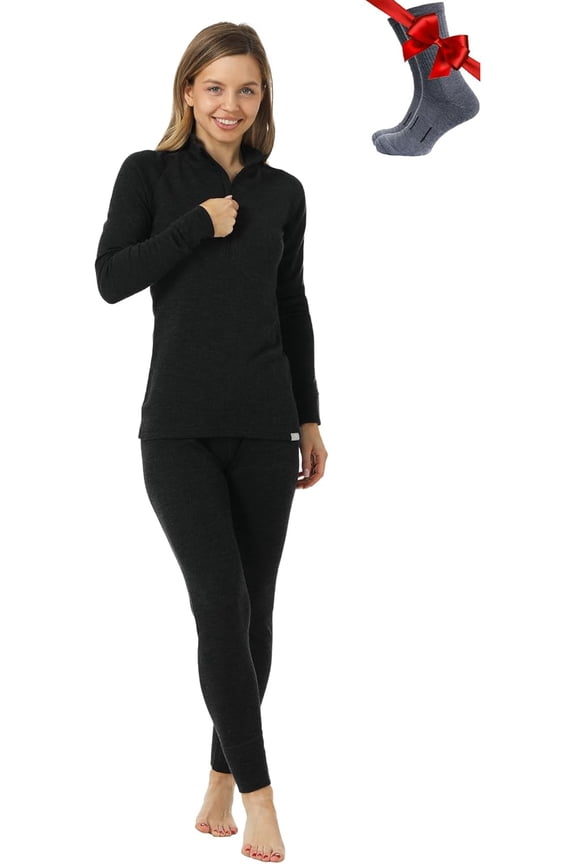 Merino.tech Women's Merino Wool Zip Neck Thermal Underwear Set with Socks, Charcoal Gray, Size M