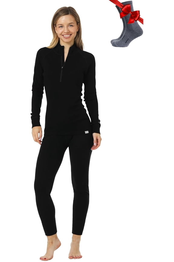 Merino.tech Womens Merino Wool Base Layer Set - Zip-Up Heavyweight, Midweight Thermal Top & Bottom XX-Large, 250 Black Zip-up Set