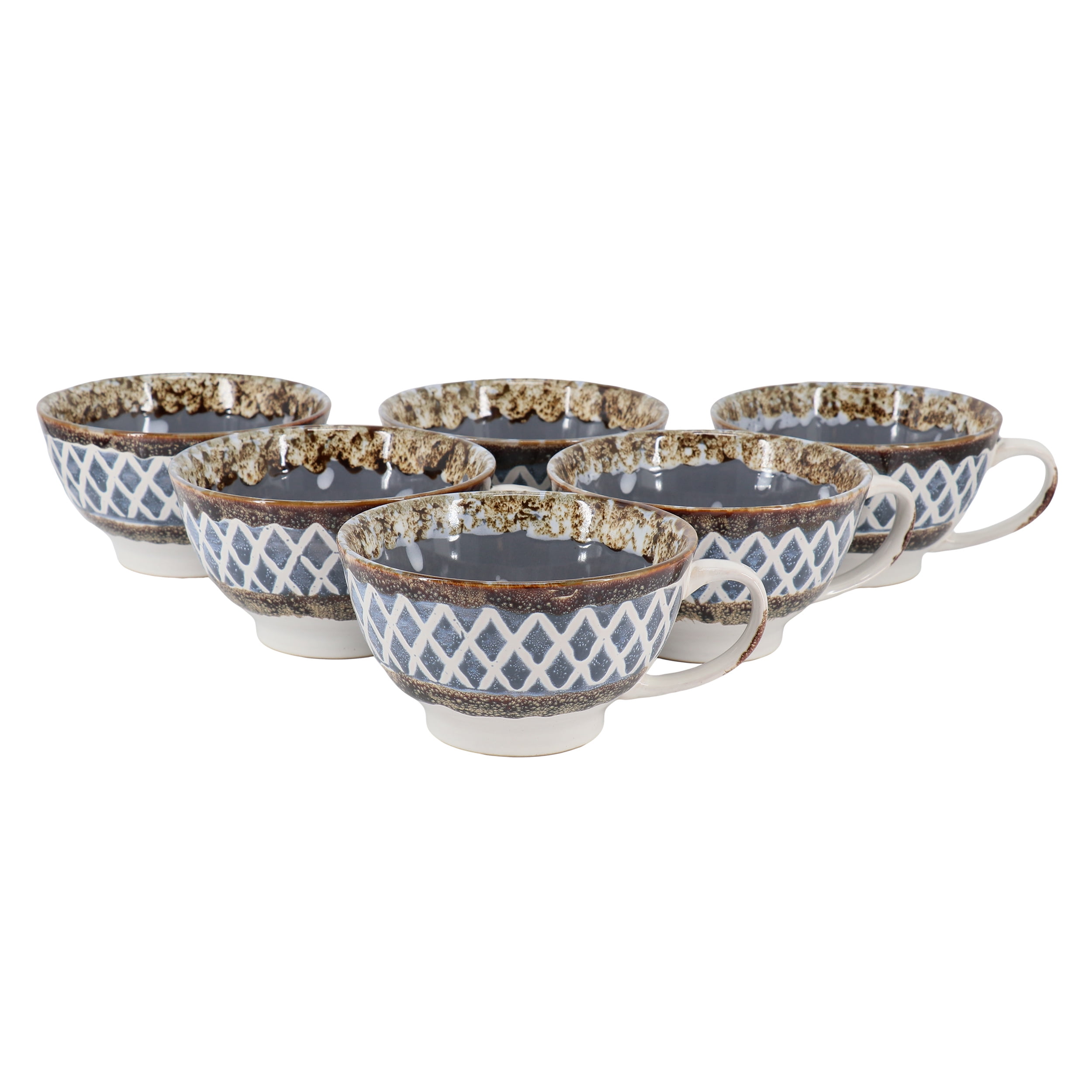 Gray and Brown Ceramic Soup Bowls with Handles, Set of 6