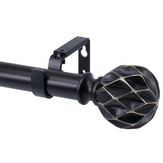 Meriville 1" Diameter Telescoping Single Window Treatment Curtain Rod, 48" to 84", Kensington Finials, Black Finish