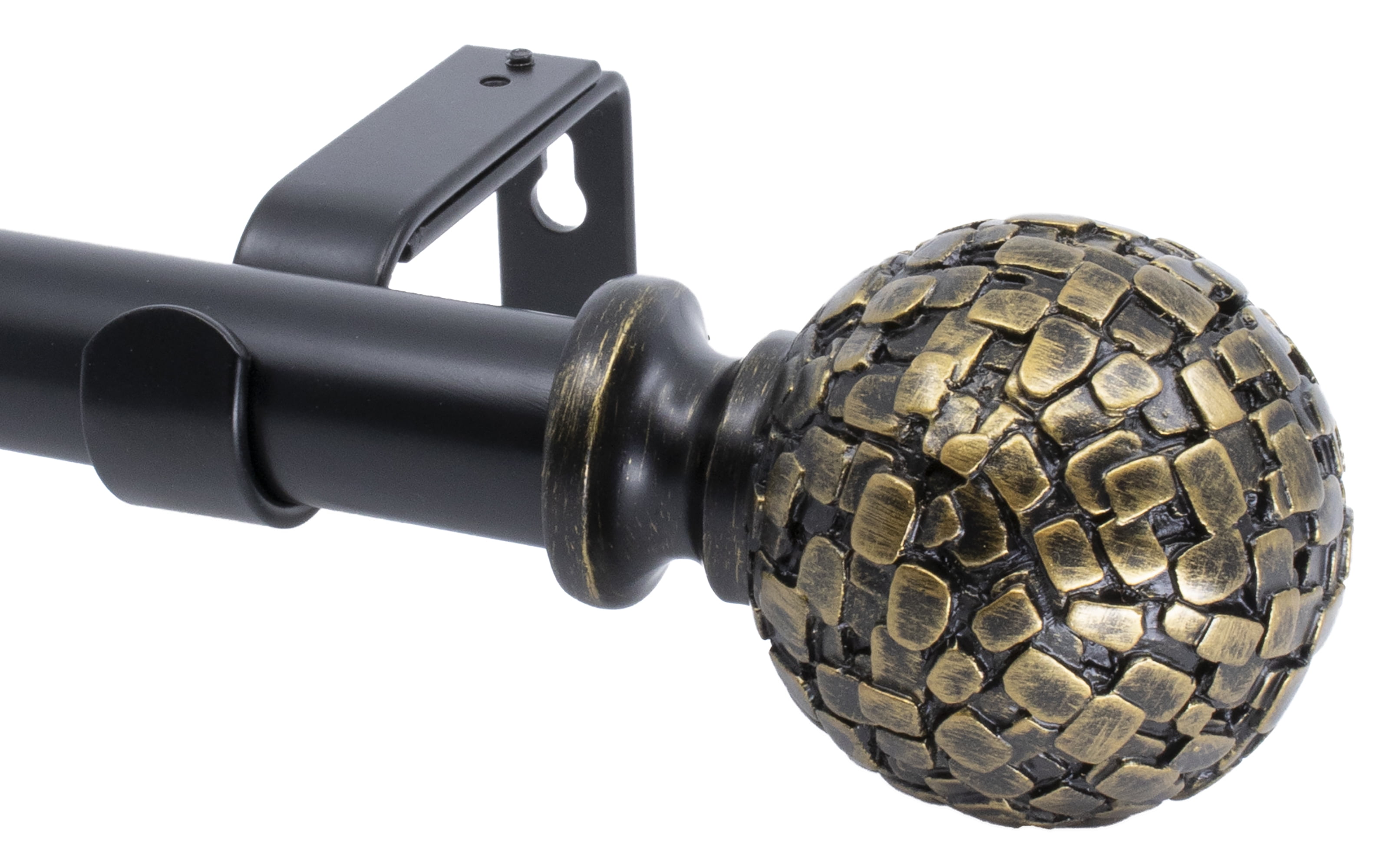 Meriville 1" Diameter Telescoping Single Window Treatment Curtain Rod, 84" to 120", Black rod with Fuso Burnt Gold Finial