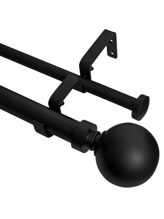 1" Double Curtain Rod Set, Adjustable 28-48 Inches, Ball Finials, Black