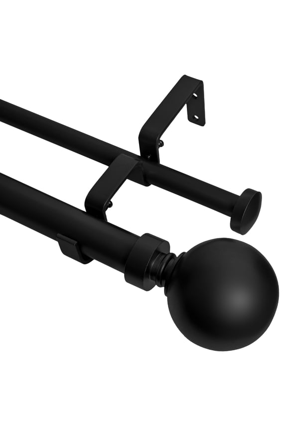 1" Double Curtain Rod Set, Adjustable 28-48 Inches, Ball Finials, Black