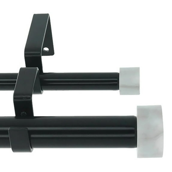 Meriville 1-Inch Diameter Double Window Treatment Curtain Rod, Vico White Marble End Cap Finial, 28-inch to 48-inch Adjustable, Black