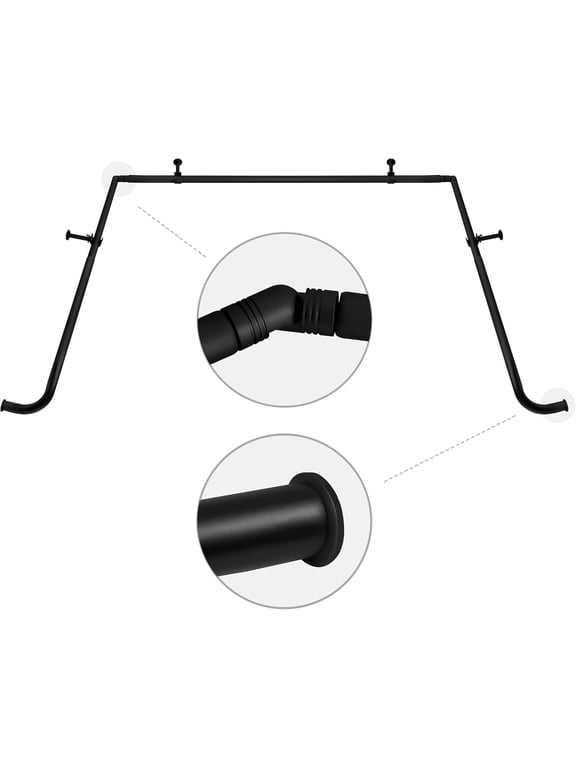 1" Bay Window Curtain Rod Set, Adjustable Side 20–37" and Center 38–72", Single Rod, Black