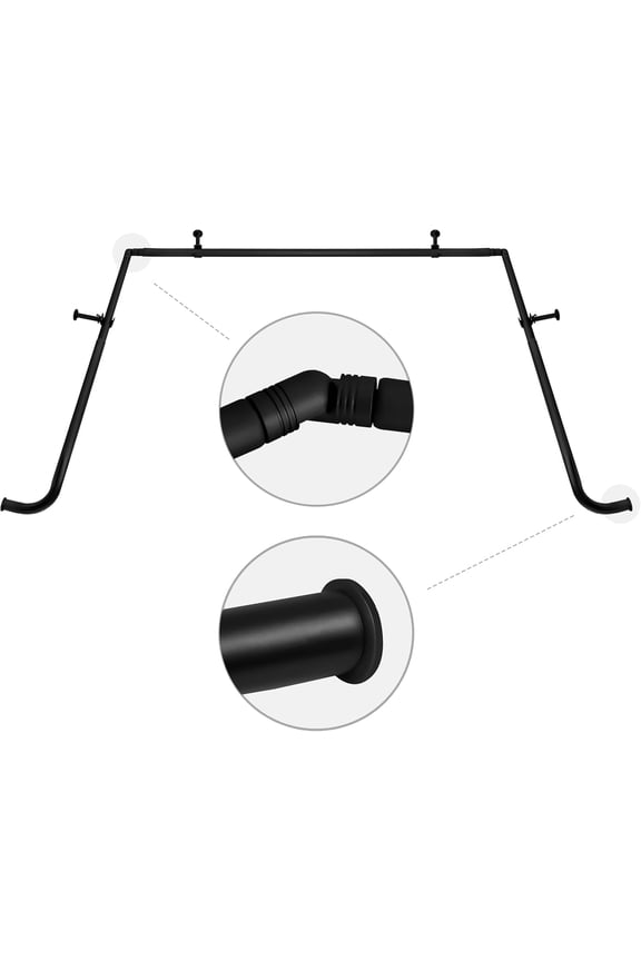1" Bay Window Curtain Rod Set, Adjustable Side 20–37" and Center 38–72", Single Rod, Black