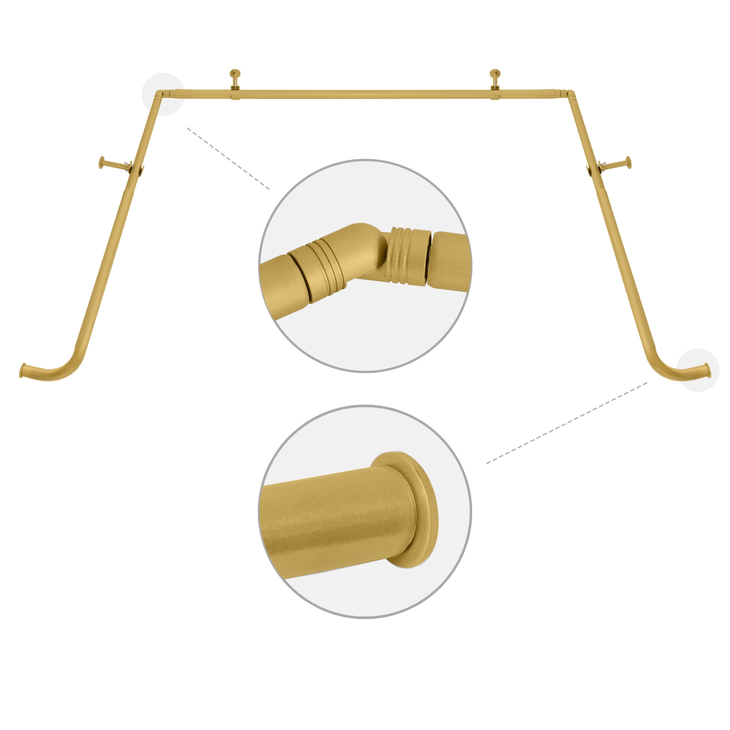 MERIVILLE 1" Bay Window Curtain Rod Set, Adjustable Side 20–37" and Center 38–72", Single Rod, Gold