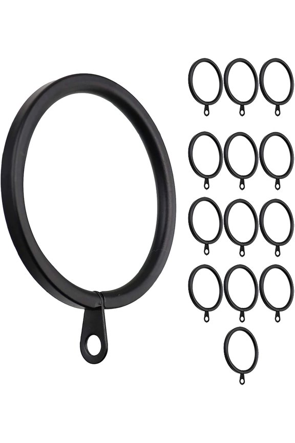 14-Pack Metal Flat Curtain Rings with Eyelets, 1.5-Inch Inner Diameter, Fits Up to 1.25-Inch Curtain Rods, Black