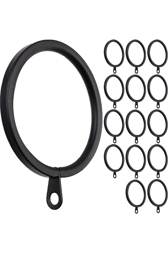14-Pack Metal Flat Curtain Rings with Eyelets, 2-Inch Inner Diameter, Fits Up to 1.5-Inch Curtain Rods, Black