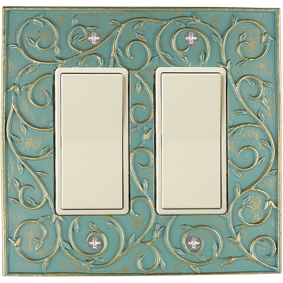 Meriville French Scroll 2 Rocker Wallplate, Double Switch Electrical Cover Plate, Buckingham Green with Gold