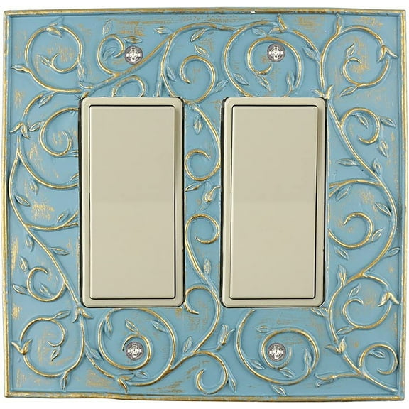 Meriville French Scroll 2 Rocker Wallplate, Double Switch Electrical Cover Plate, Cameo Blue with Gold