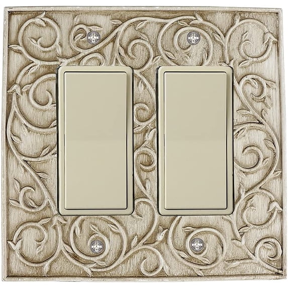 Meriville French Scroll 2 Rocker Wallplate, Double Switch Electrical Cover Plate, Weathered White