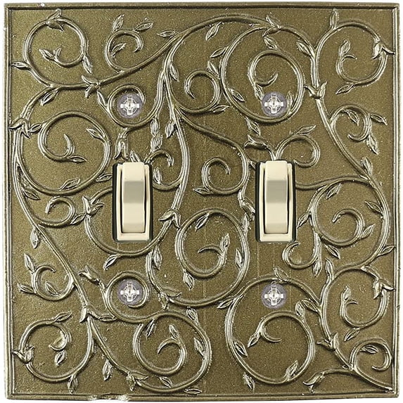 Meriville French Scroll 2 Toggle Wallplate, Double Switch Electrical Cover Plate, Aged Gold