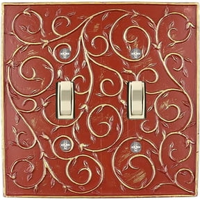 MERIVILLE French Scroll Double Toggle Wall Plate, Light Switch Cover, Parisian Red with Gold Accents