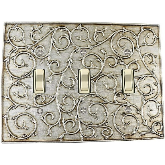 Meriville French Scroll 3 Toggle Wallplate, Triple Switch Electrical Cover Plate, Aged Silver