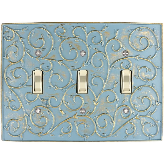 MERIVILLE French Scroll Triple Toggle Wall Plate, Light Switch Cover, Cameo Blue with Gold Accents
