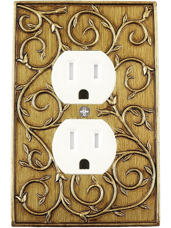French Scroll Duplex Outlet Wall Plate, Decorative Electrical Receptacle Cover, Antique Gold