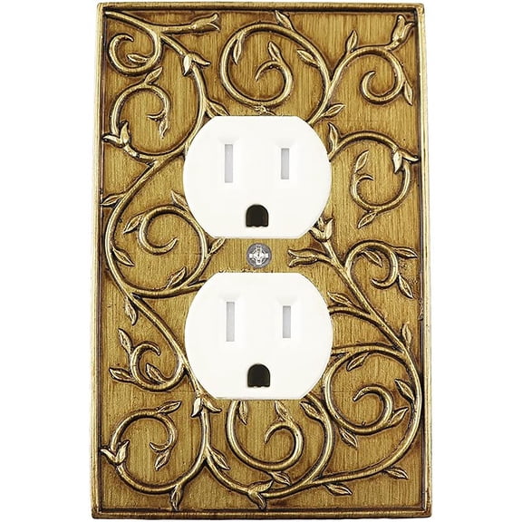 MERIVILLE French Scroll Duplex Outlet Wall Plate, Decorative Electrical Receptacle Cover, Antique Gold